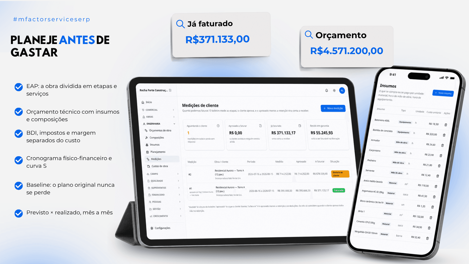 Planeje antes de gastar: EAP, orçamento técnico com insumos e composições, cronograma físico-financeiro e a tela de medições de cliente com o quanto já dá para faturar.
