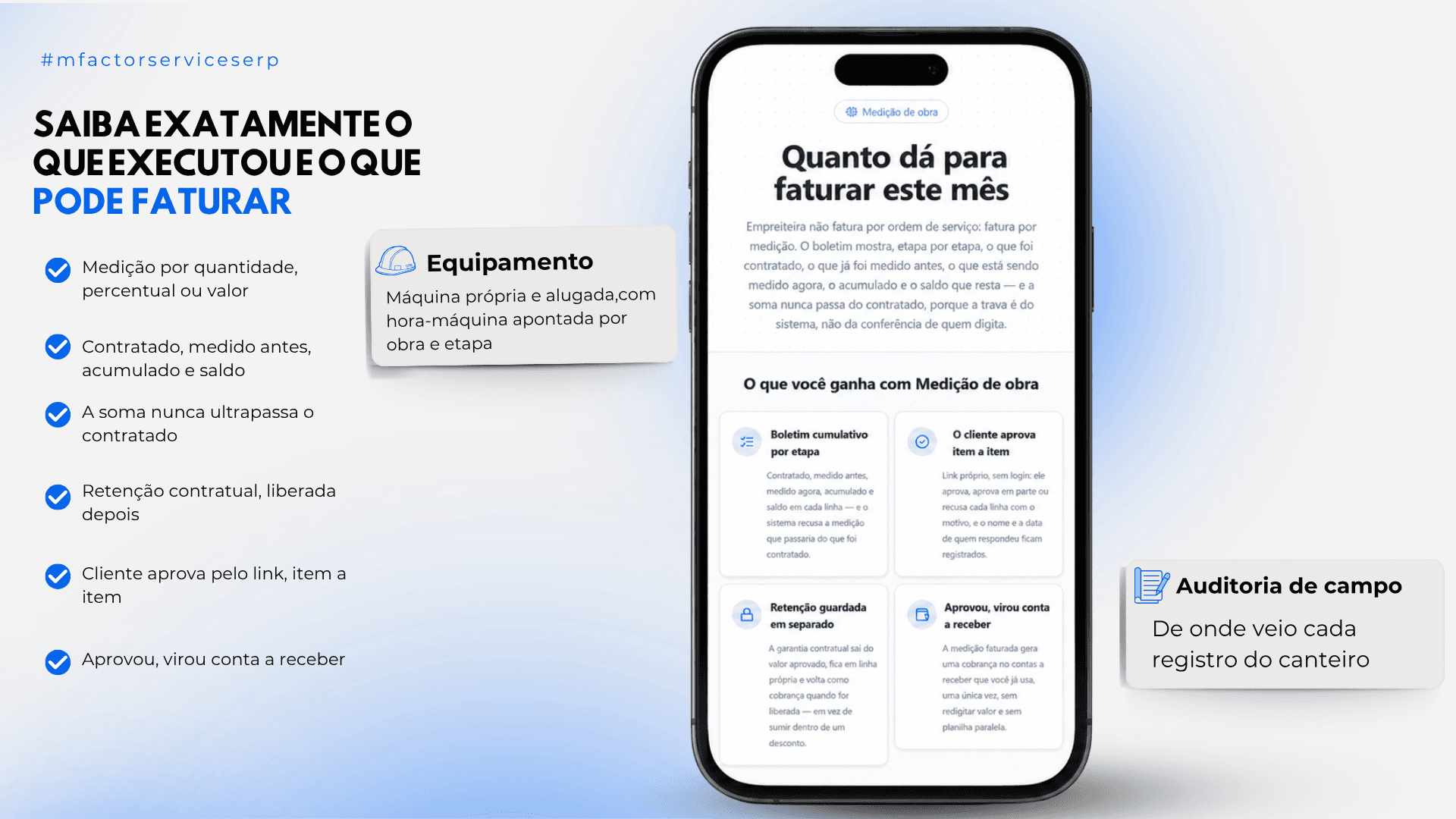 Medição de obra no celular: contratado, medido, acumulado e saldo por etapa, retenção contratual guardada em separado e o cliente aprovando item a item por link.